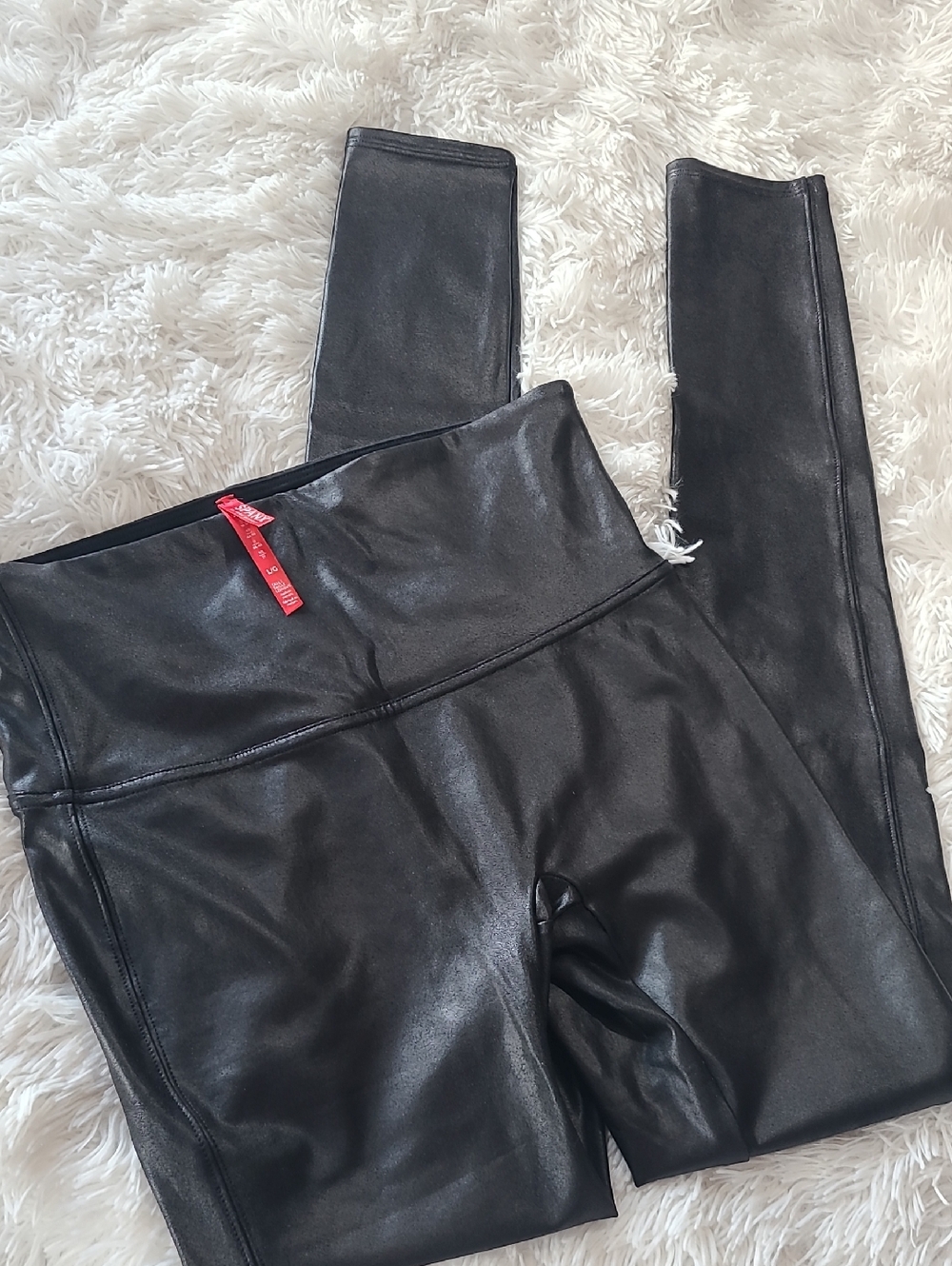 SPANX Black Faux Leather High-Waist Leggings with Red Tag